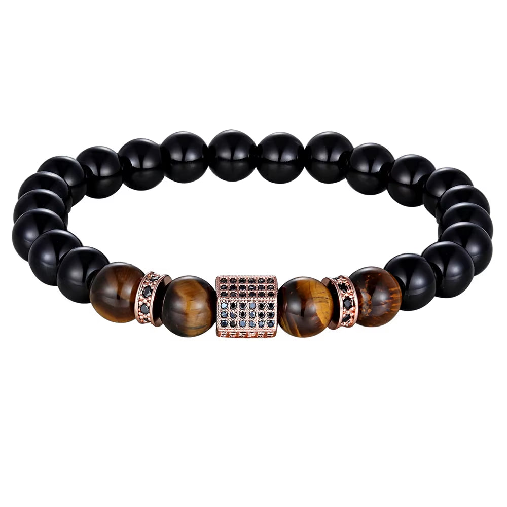 Matte Onyx Stone&Tiger Eye Combination Stitching with Cubic Zircon Hand Jewelry Beads Bracelet Elastic Stretch Men Bracelet