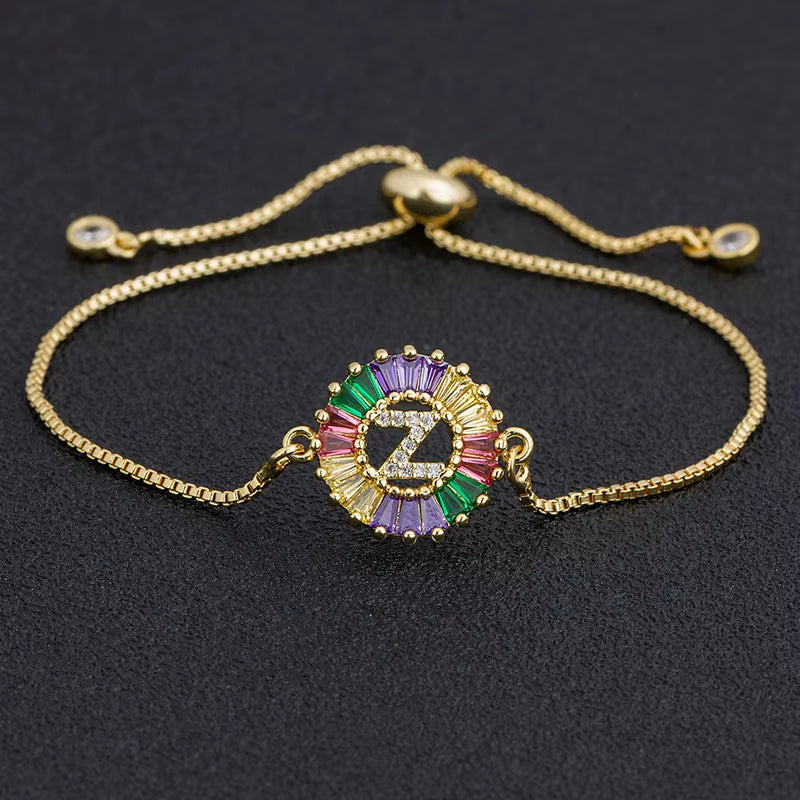 Colorful Cubic Zirconia 26 Alphabet Letter Charm Adjustable Bracelet Copper A-Z Initial Chain Bracelet for Women Jewelry