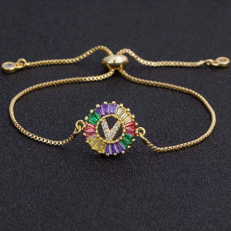 Colorful Cubic Zirconia 26 Alphabet Letter Charm Adjustable Bracelet Copper A-Z Initial Chain Bracelet for Women Jewelry