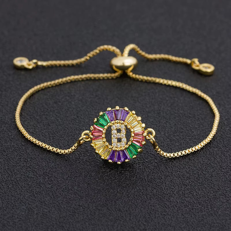 Colorful Cubic Zirconia 26 Alphabet Letter Charm Adjustable Bracelet Copper A-Z Initial Chain Bracelet for Women Jewelry