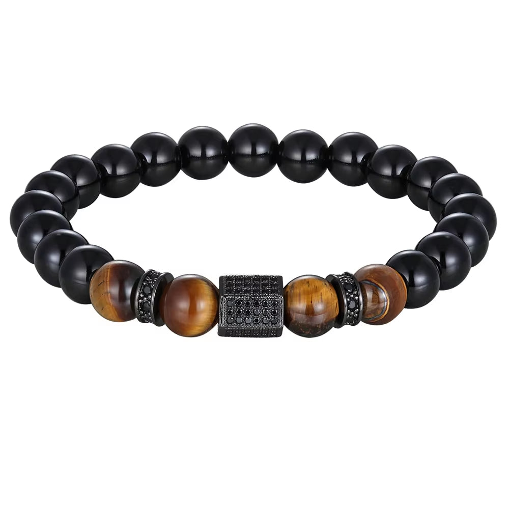 Matte Onyx Stone&Tiger Eye Combination Stitching with Cubic Zircon Hand Jewelry Beads Bracelet Elastic Stretch Men Bracelet