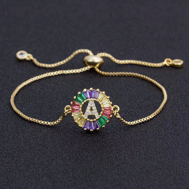 Colorful Cubic Zirconia 26 Alphabet Letter Charm Adjustable Bracelet Copper A-Z Initial Chain Bracelet for Women Jewelry