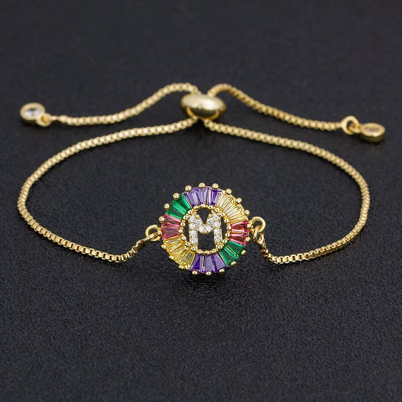 Colorful Cubic Zirconia 26 Alphabet Letter Charm Adjustable Bracelet Copper A-Z Initial Chain Bracelet for Women Jewelry