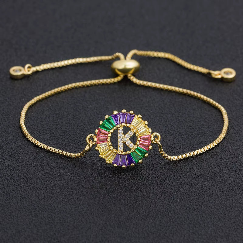 Colorful Cubic Zirconia 26 Alphabet Letter Charm Adjustable Bracelet Copper A-Z Initial Chain Bracelet for Women Jewelry