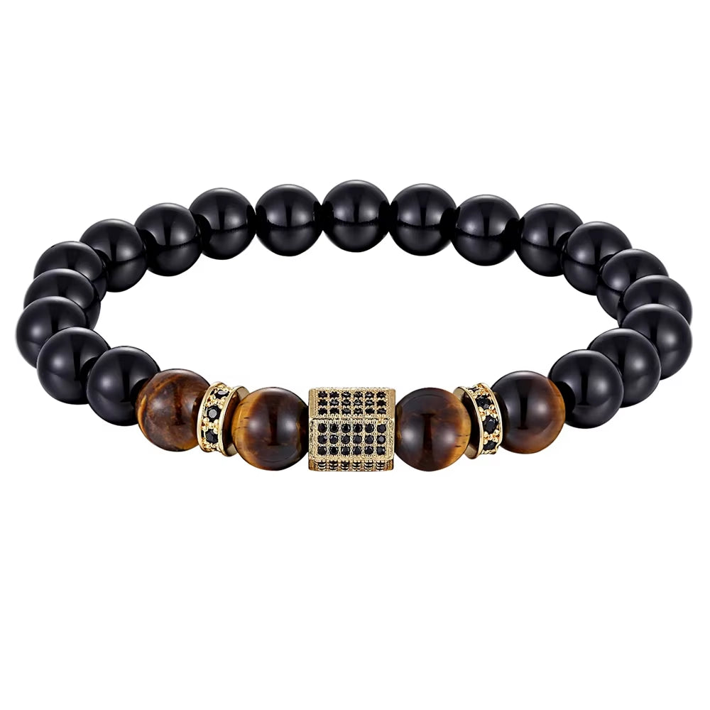 Matte Onyx Stone&Tiger Eye Combination Stitching with Cubic Zircon Hand Jewelry Beads Bracelet Elastic Stretch Men Bracelet