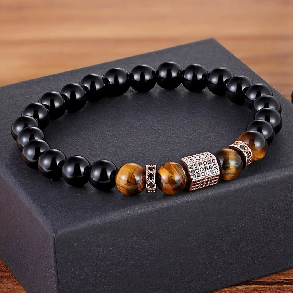 Matte Onyx Stone&Tiger Eye Combination Stitching with Cubic Zircon Hand Jewelry Beads Bracelet Elastic Stretch Men Bracelet