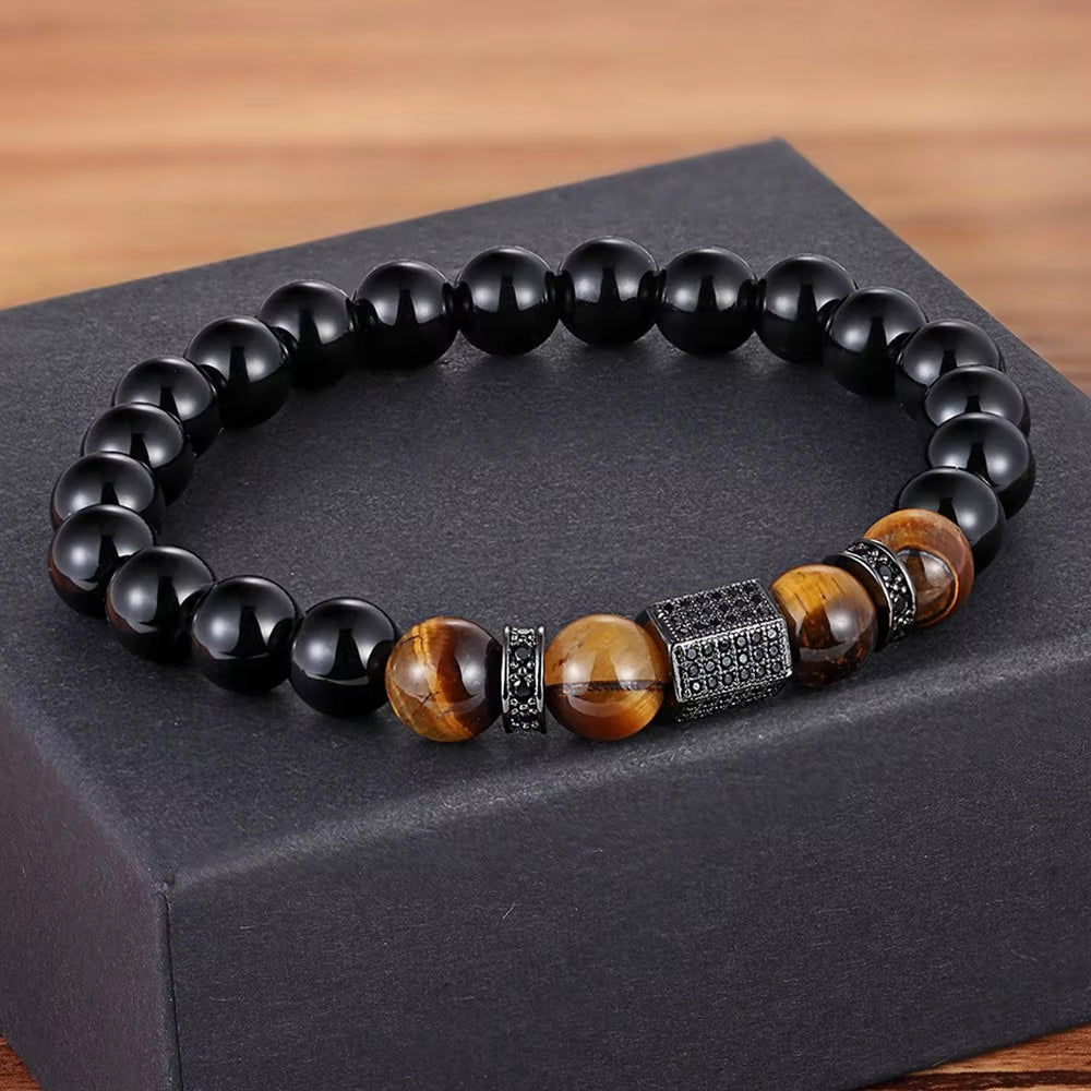 Matte Onyx Stone&Tiger Eye Combination Stitching with Cubic Zircon Hand Jewelry Beads Bracelet Elastic Stretch Men Bracelet