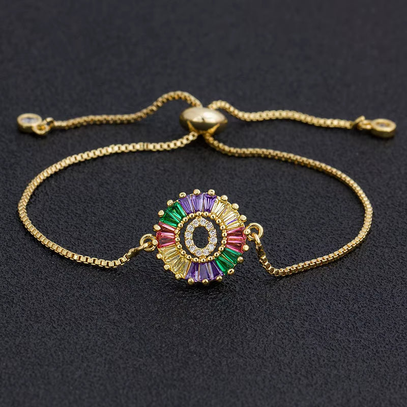 Colorful Cubic Zirconia 26 Alphabet Letter Charm Adjustable Bracelet Copper A-Z Initial Chain Bracelet for Women Jewelry