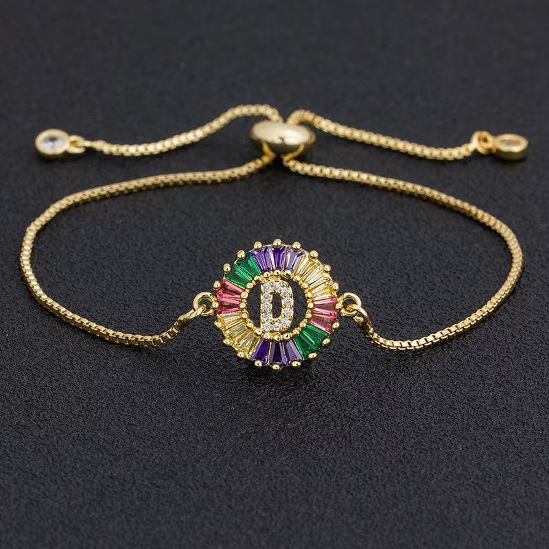 Colorful Cubic Zirconia 26 Alphabet Letter Charm Adjustable Bracelet Copper A-Z Initial Chain Bracelet for Women Jewelry