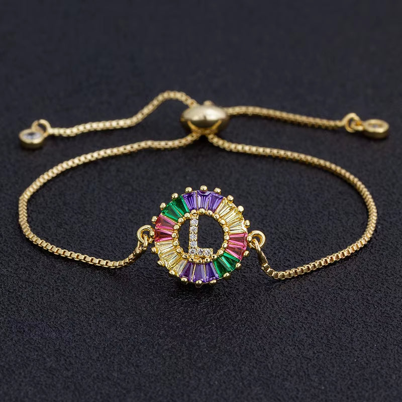 Colorful Cubic Zirconia 26 Alphabet Letter Charm Adjustable Bracelet Copper A-Z Initial Chain Bracelet for Women Jewelry