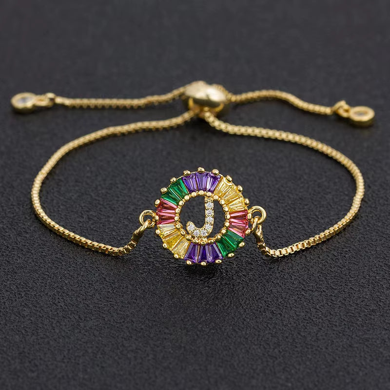 Colorful Cubic Zirconia 26 Alphabet Letter Charm Adjustable Bracelet Copper A-Z Initial Chain Bracelet for Women Jewelry