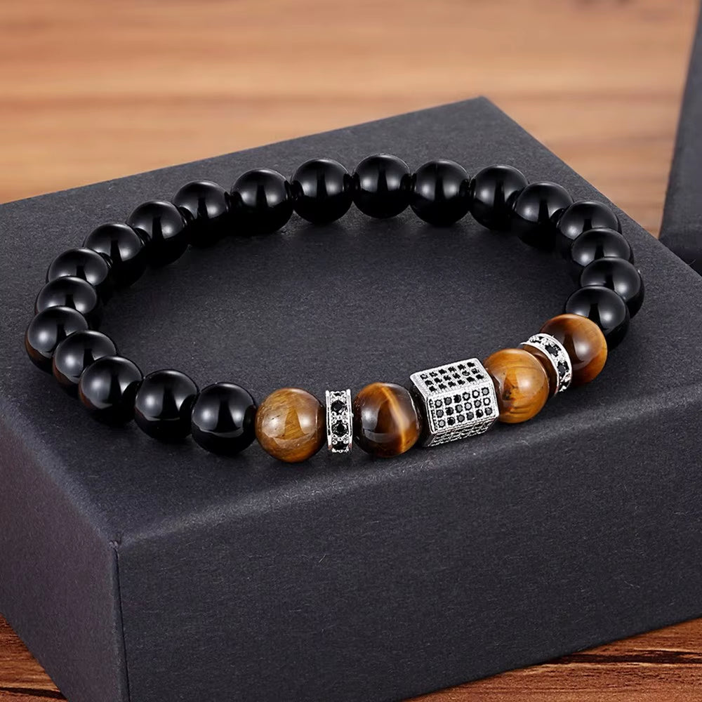 Matte Onyx Stone&Tiger Eye Combination Stitching with Cubic Zircon Hand Jewelry Beads Bracelet Elastic Stretch Men Bracelet