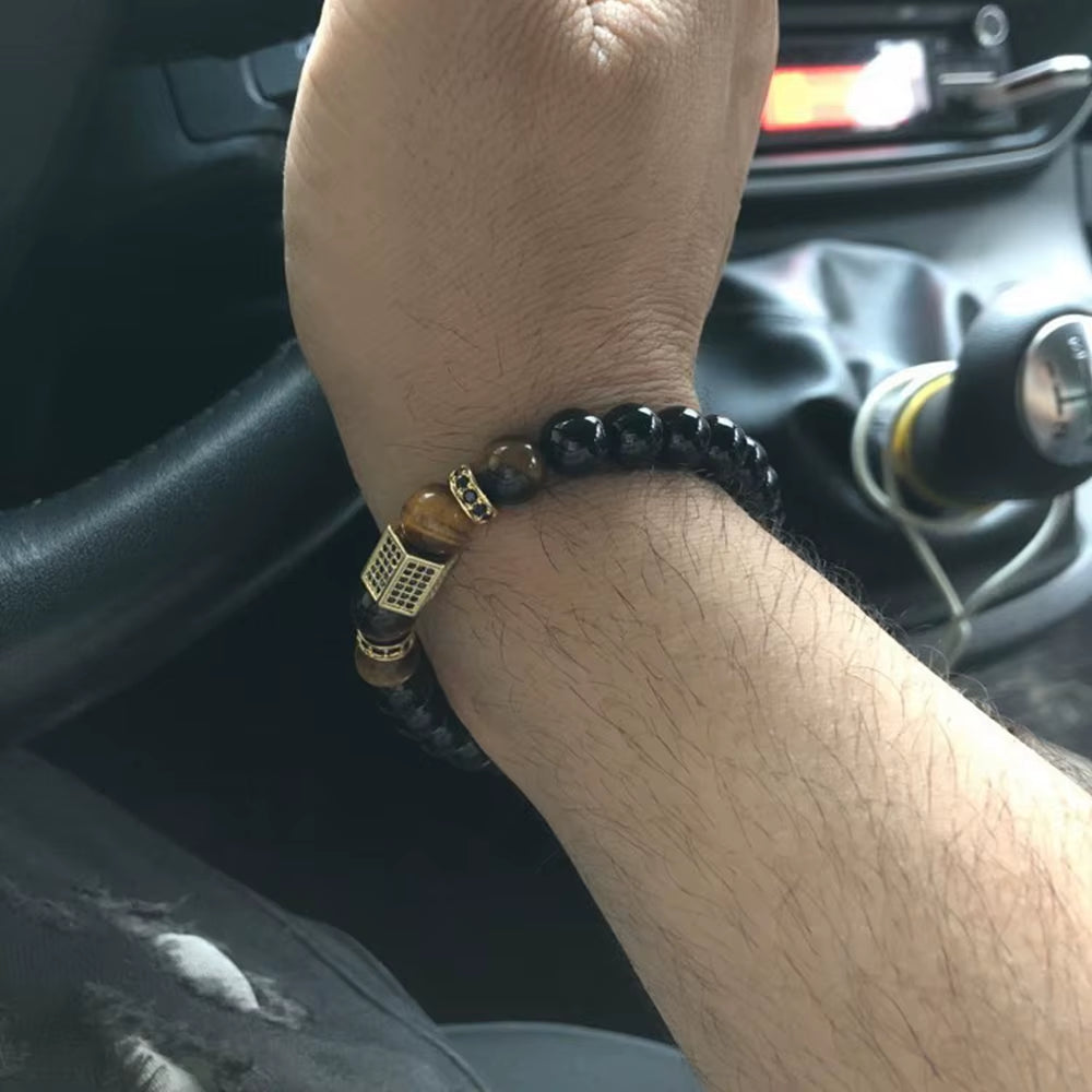 Matte Onyx Stone&Tiger Eye Combination Stitching with Cubic Zircon Hand Jewelry Beads Bracelet Elastic Stretch Men Bracelet