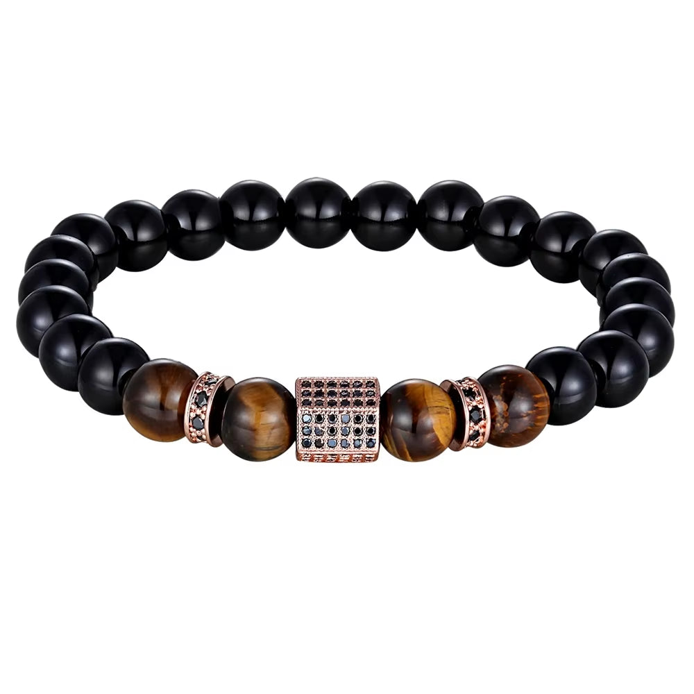 Matte Onyx Stone&Tiger Eye Combination Stitching with Cubic Zircon Hand Jewelry Beads Bracelet Elastic Stretch Men Bracelet
