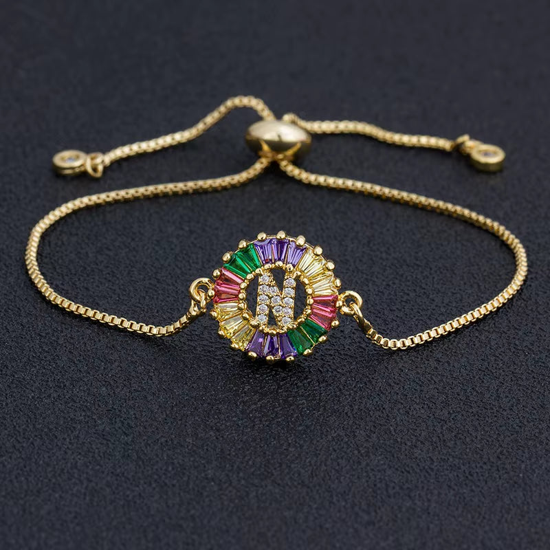 Colorful Cubic Zirconia 26 Alphabet Letter Charm Adjustable Bracelet Copper A-Z Initial Chain Bracelet for Women Jewelry