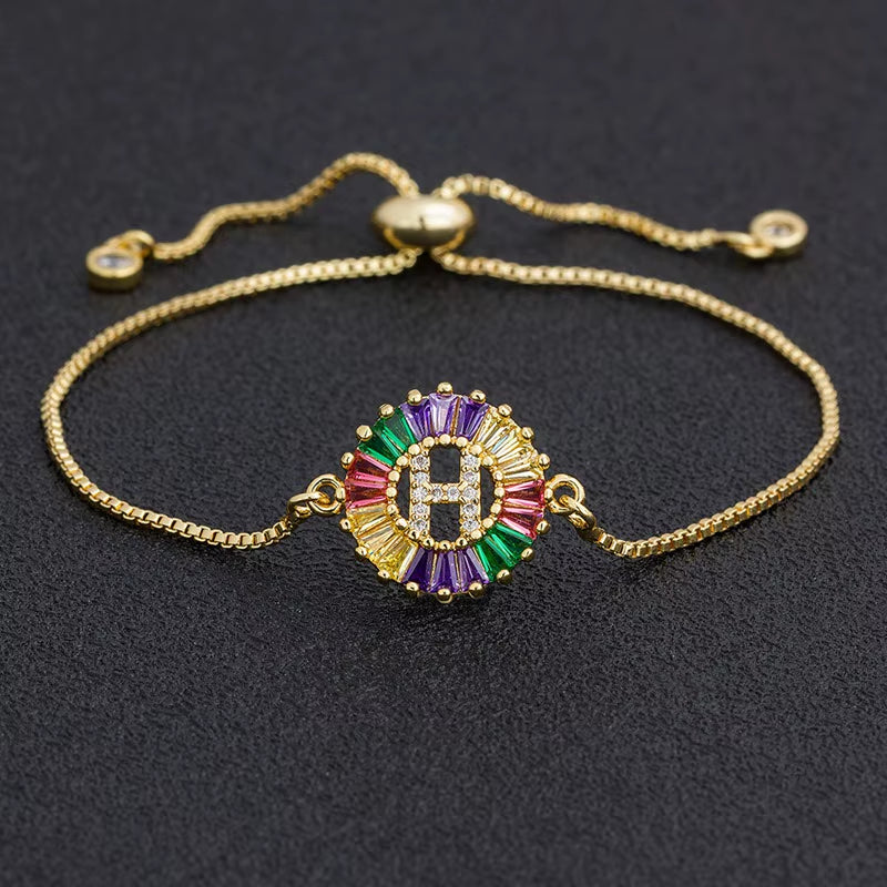 Colorful Cubic Zirconia 26 Alphabet Letter Charm Adjustable Bracelet Copper A-Z Initial Chain Bracelet for Women Jewelry
