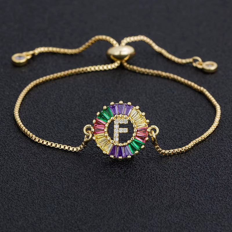 Colorful Cubic Zirconia 26 Alphabet Letter Charm Adjustable Bracelet Copper A-Z Initial Chain Bracelet for Women Jewelry