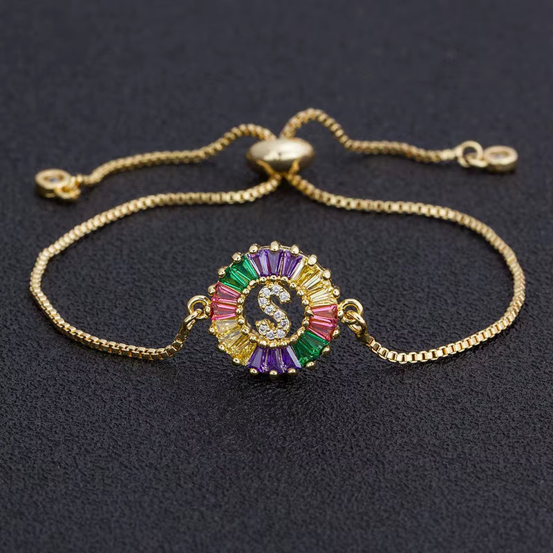 Colorful Cubic Zirconia 26 Alphabet Letter Charm Adjustable Bracelet Copper A-Z Initial Chain Bracelet for Women Jewelry
