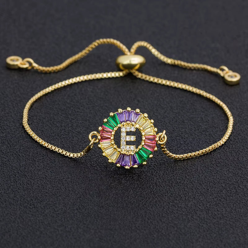 Colorful Cubic Zirconia 26 Alphabet Letter Charm Adjustable Bracelet Copper A-Z Initial Chain Bracelet for Women Jewelry