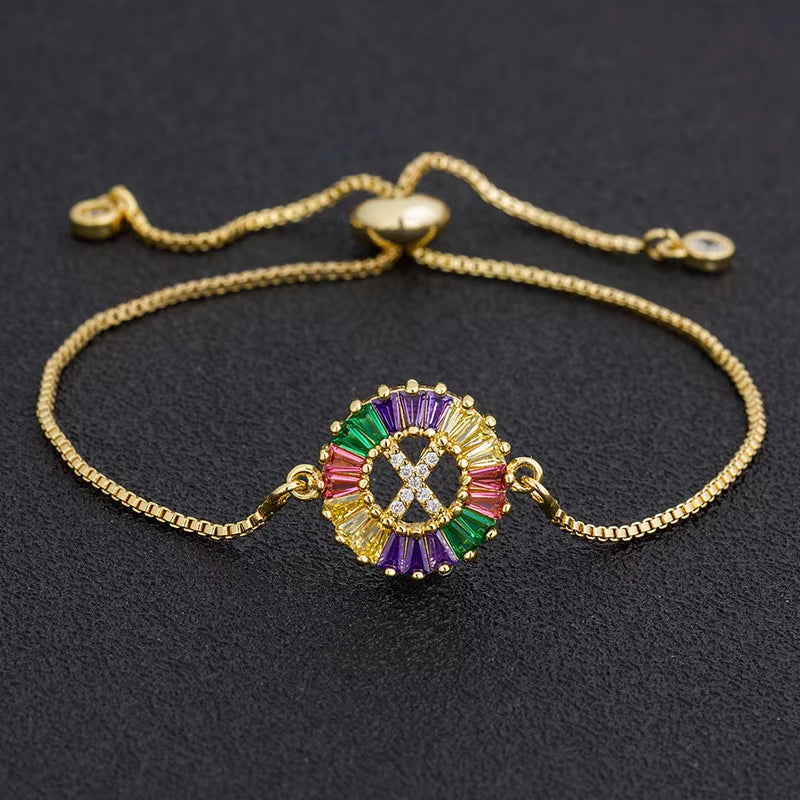 Colorful Cubic Zirconia 26 Alphabet Letter Charm Adjustable Bracelet Copper A-Z Initial Chain Bracelet for Women Jewelry