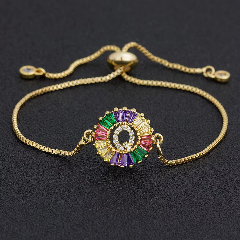 Colorful Cubic Zirconia 26 Alphabet Letter Charm Adjustable Bracelet Copper A-Z Initial Chain Bracelet for Women Jewelry