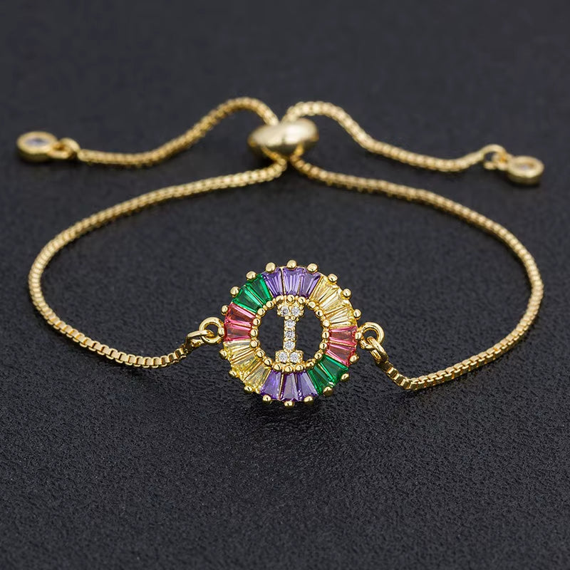 Colorful Cubic Zirconia 26 Alphabet Letter Charm Adjustable Bracelet Copper A-Z Initial Chain Bracelet for Women Jewelry