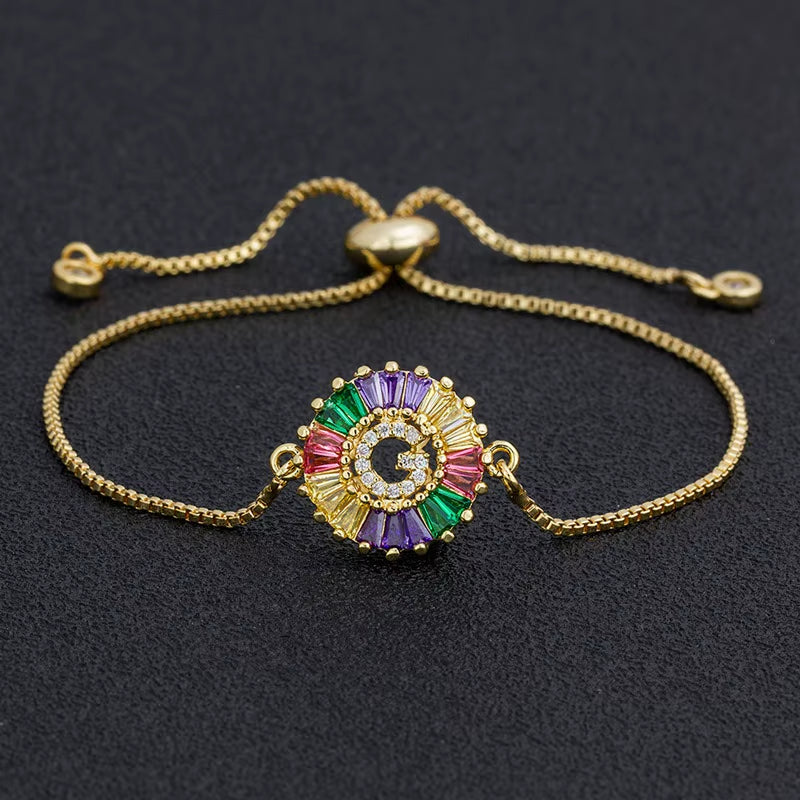Colorful Cubic Zirconia 26 Alphabet Letter Charm Adjustable Bracelet Copper A-Z Initial Chain Bracelet for Women Jewelry