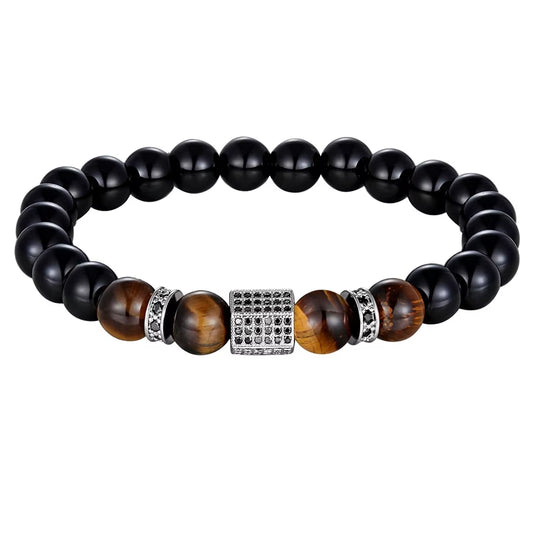 Matte Onyx Stone&Tiger Eye Combination Stitching with Cubic Zircon Hand Jewelry Beads Bracelet Elastic Stretch Men Bracelet