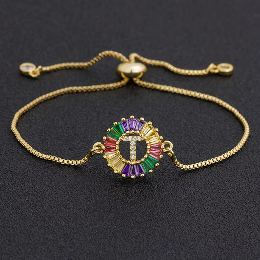 Colorful Cubic Zirconia 26 Alphabet Letter Charm Adjustable Bracelet Copper A-Z Initial Chain Bracelet for Women Jewelry