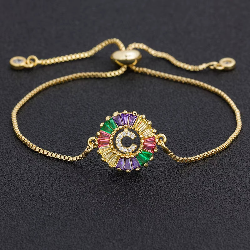 Colorful Cubic Zirconia 26 Alphabet Letter Charm Adjustable Bracelet Copper A-Z Initial Chain Bracelet for Women Jewelry