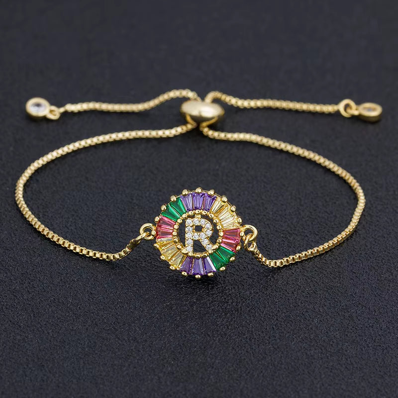 Colorful Cubic Zirconia 26 Alphabet Letter Charm Adjustable Bracelet Copper A-Z Initial Chain Bracelet for Women Jewelry