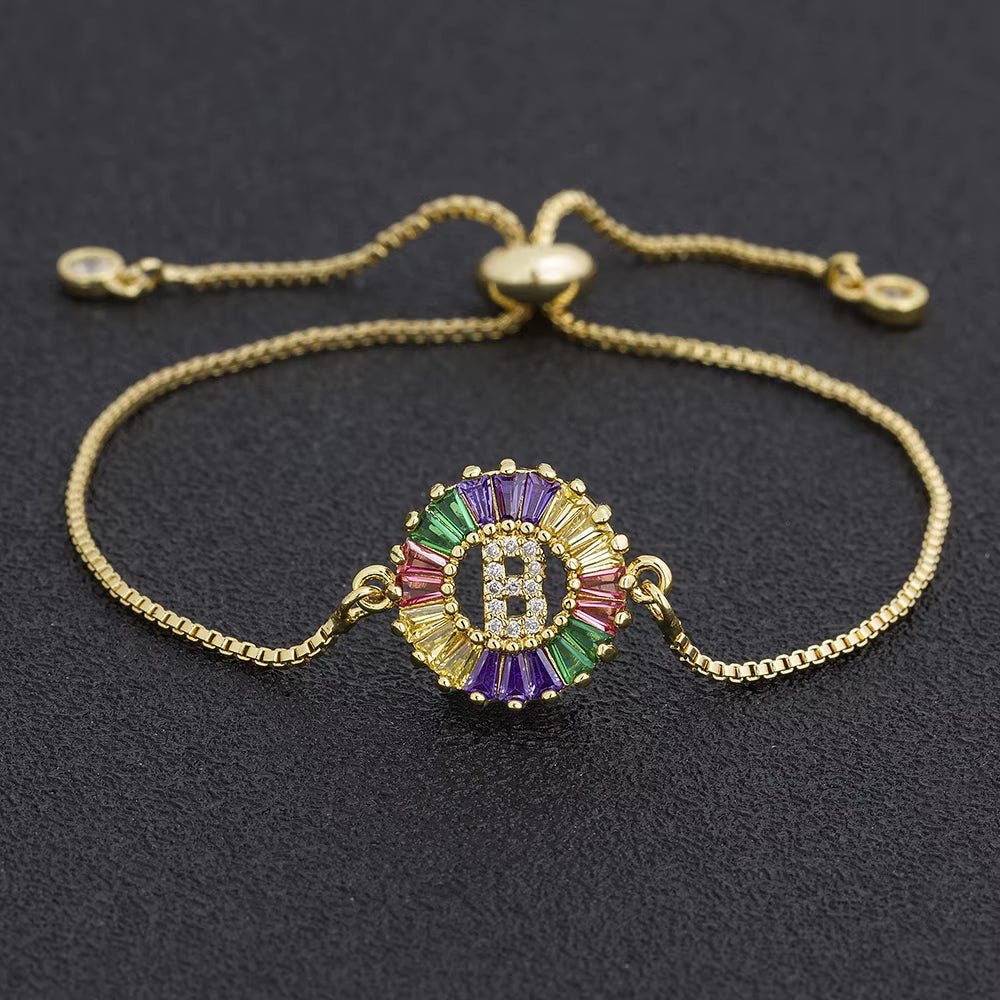 Colorful Cubic Zirconia 26 Alphabet Letter Charm Adjustable Bracelet Copper A-Z Initial Chain Bracelet for Women Jewelry