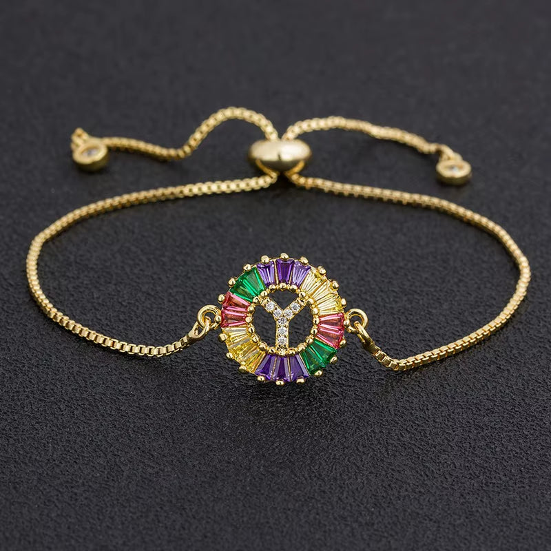 Colorful Cubic Zirconia 26 Alphabet Letter Charm Adjustable Bracelet Copper A-Z Initial Chain Bracelet for Women Jewelry