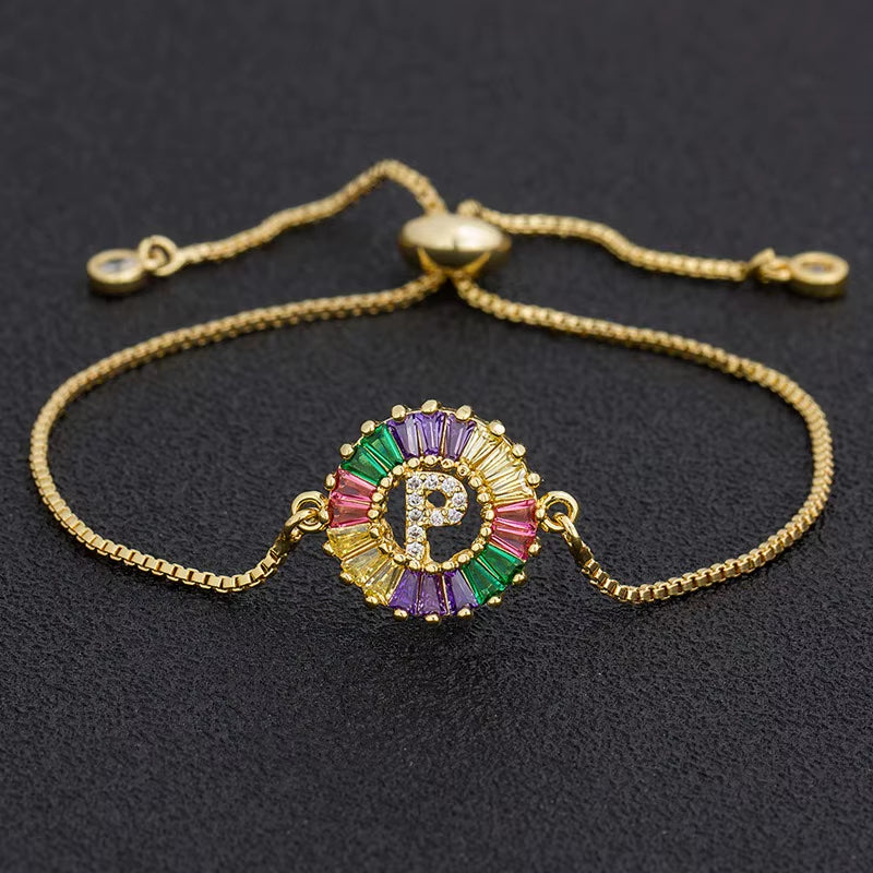 Colorful Cubic Zirconia 26 Alphabet Letter Charm Adjustable Bracelet Copper A-Z Initial Chain Bracelet for Women Jewelry