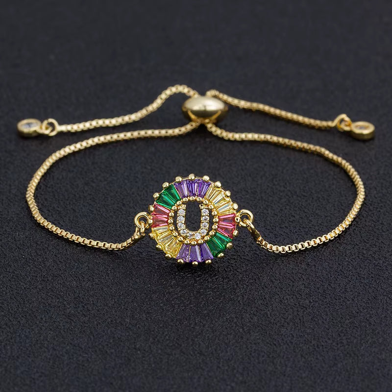 Colorful Cubic Zirconia 26 Alphabet Letter Charm Adjustable Bracelet Copper A-Z Initial Chain Bracelet for Women Jewelry