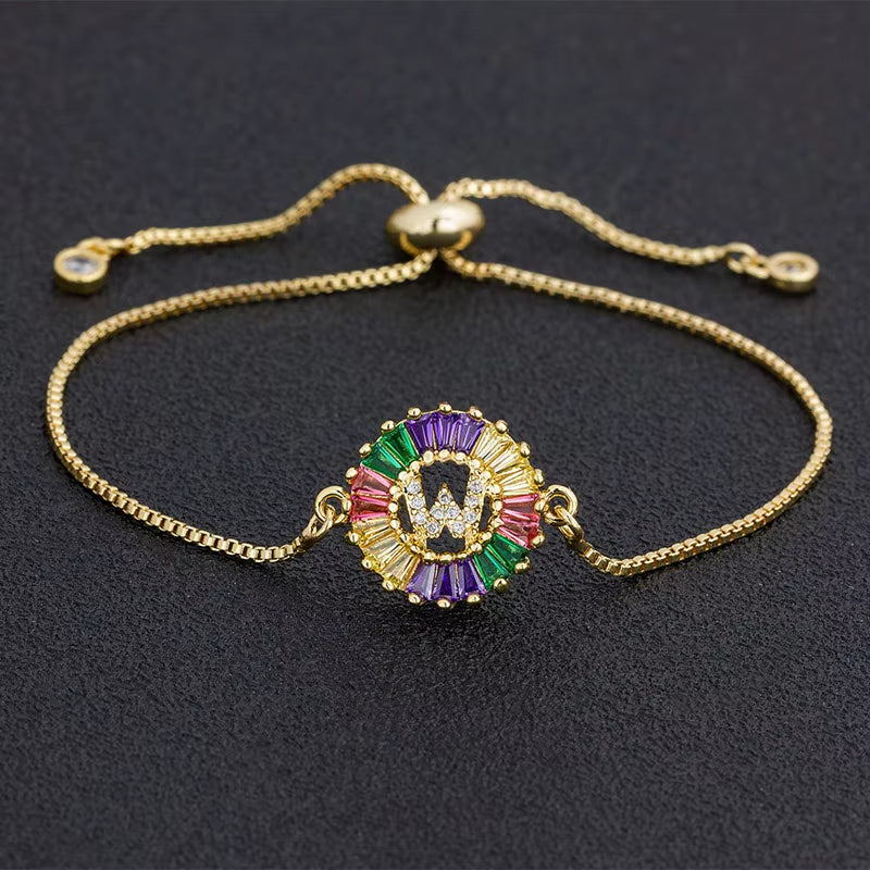 Colorful Cubic Zirconia 26 Alphabet Letter Charm Adjustable Bracelet Copper A-Z Initial Chain Bracelet for Women Jewelry
